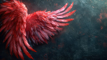 Red bird wing on dark background. 3D illustration. Copy space.の素材