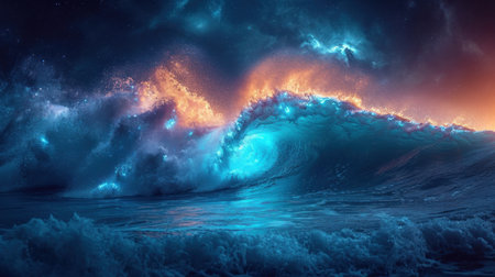 3D illustration of a powerful ocean wave breaking in to the oceanの素材