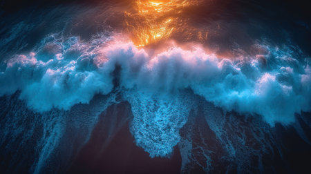 3D Illustration of a Blue Water Wave with a Sunburstの素材