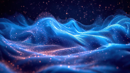 3D rendering of blue particles flowing in space with depth of fieldの素材