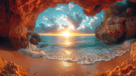 Beautiful seascape. Sunset over the ocean. 3d renderingの素材