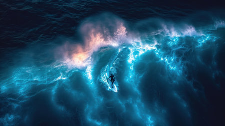 Surfer on big blue ocean wave. 3D Rendering.の素材