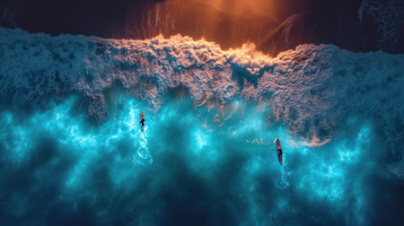 Surfers on the ocean wave at night. 3d renderingの素材
