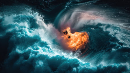 Surfer surfing a big ocean wave. 3D Rendering.の素材