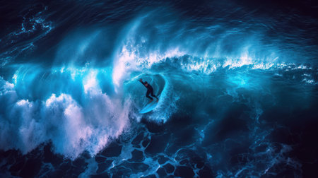 Surfer on blue ocean wave. 3d rendering and illustration.の素材