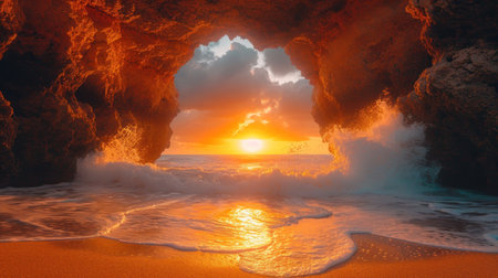 sunset at the beach in the cave. 3d render illustrationの素材