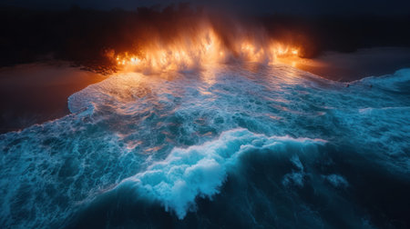 Flaming ocean waves at night. 3d render illustration.の素材