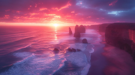 Fantastic sunset over the ocean. Dramatic sky. 3d renderの素材