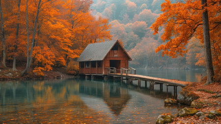 Wooden house on the lake in the autumn forest. Beautiful landscape.の素材