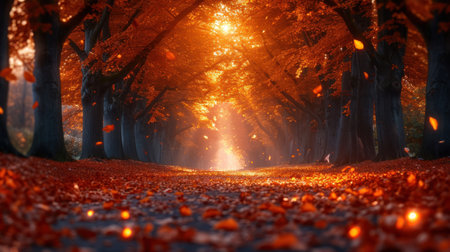 Autumn forest with sun rays and orange leaves. 3d renderingの素材