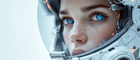 Astronaut woman in spacesuit looking at camera. Mixed mediaの素材