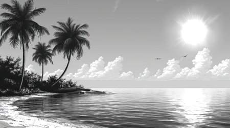 Illustration of a tropical island with palm trees and a bird flyingの素材