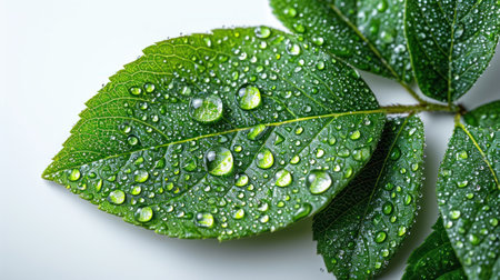 Green leaves with water drops on white background, close-up.の素材