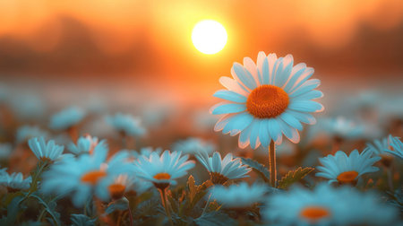 Beautiful daisies in the field at sunset. Nature backgroundの素材