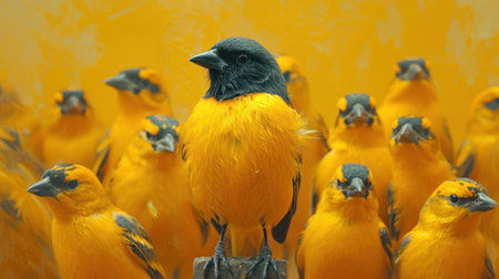 close up shot of a group of yellow and black bird in a zooの素材