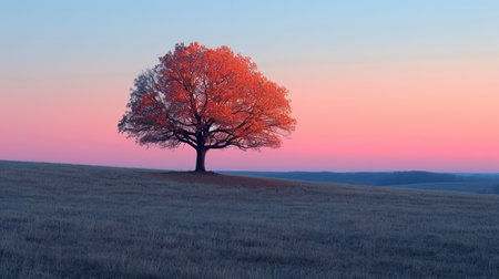 Autumn landscape with lonely oak tree on the field at sunset.の素材