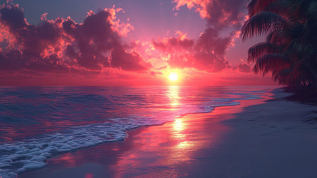 beautiful seascape with palm trees and sunset 3d renderの素材