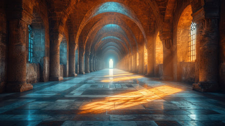 3d rendering of an old corridor with light and reflections in itの素材