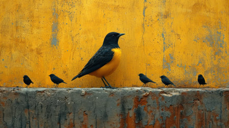 Black bird and many black birds on the yellow wall, Thailand.の素材