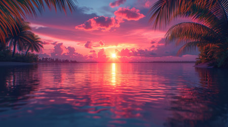 Beautiful sunset on the beach in the tropics. 3d renderingの素材