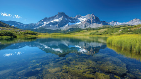 Mountain lake in the Alps with reflection of snow-capped peaksの素材