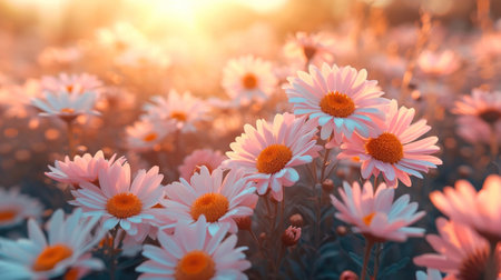 Beautiful daisies in the field at sunset. Soft focus.の素材