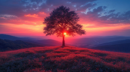 Beautiful sunset in the mountains with a tree in the foreground.の素材