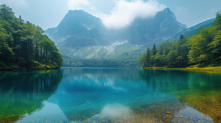 Landscape view of beautiful alpine lake with reflection in water.の素材