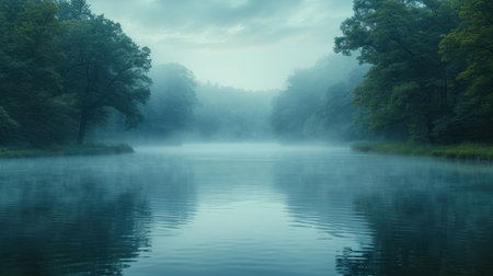 Misty morning at the lake in the forest. Beautiful landscape.の素材