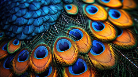 Beautiful peacock feathers, close-up. Colorful backgroundの素材