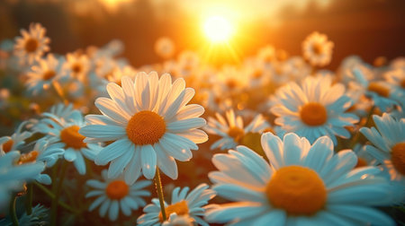 Beautiful daisies in the field at sunset. Nature backgroundの素材