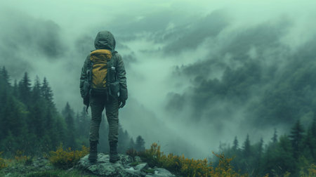 Man with a backpack on the top of a mountain in the fogの素材