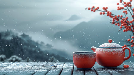 Cup of tea with red teapot on wooden table in winter landscapeの素材