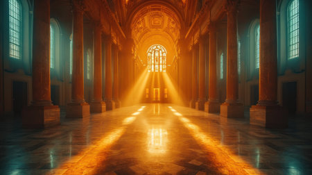 Gothic church interior with glowing lights. 3D Renderingの素材