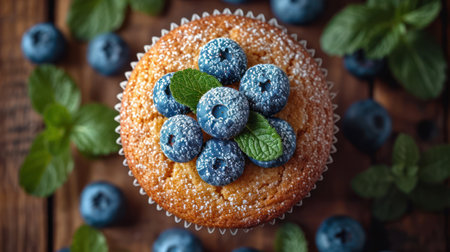 Homemade blueberry muffins with fresh berries and mint on wooden backgroundの素材