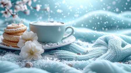 Cup of cappuccino, macaroons and white flowers on a blue backgroundの素材