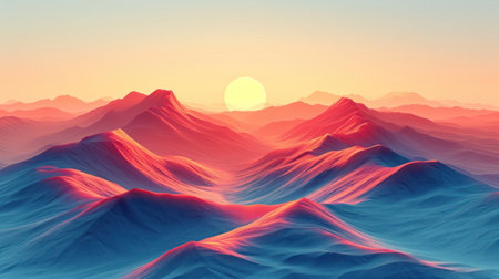 Fantasy landscape. Mountain range. Sunrise. 3D illustration.の素材