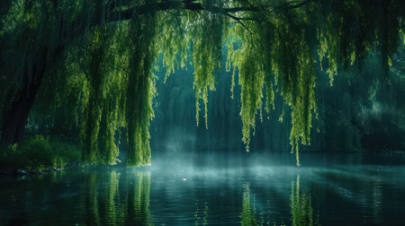 Reflection of weeping willow trees in a lake in the fogの素材