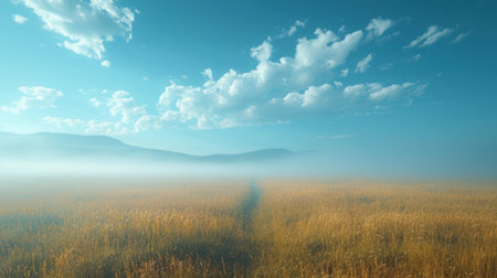 Landscape with field and blue sky with clouds. 3d renderの素材
