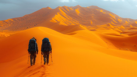 Hikers walking on sand dunes in the Sahara desert, Moroccoの素材