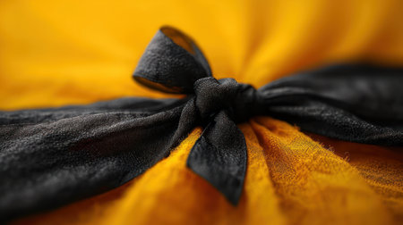 Black bow on yellow fabric, close-up, shallow depth of fieldの素材