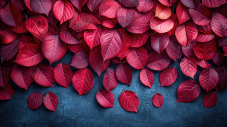 Red leaves on dark blue background. Autumn concept. Top view.の素材