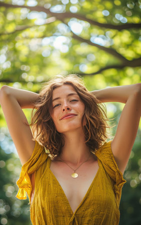 Portrait of a beautiful young woman in the park on a sunny dayの素材