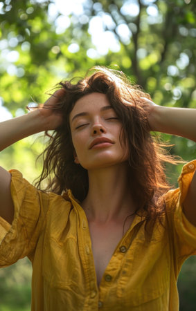 Portrait of a beautiful young girl in a yellow shirt outdoors.の素材