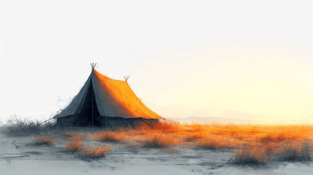 Tent in the meadow at sunset. Digital painting illustration.の素材