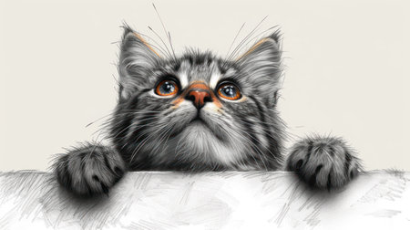 Cute kitten with big eyes peeking out from behind a bannerの素材