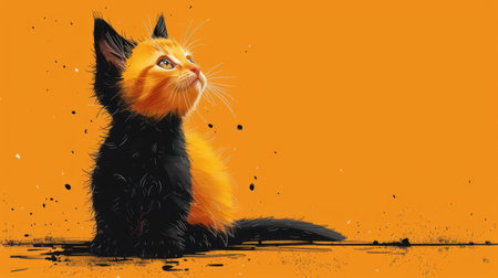 illustration of a cat on an orange background, with space for textの素材