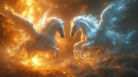 Two white horses running in a fiery space. 3D rendering.の素材