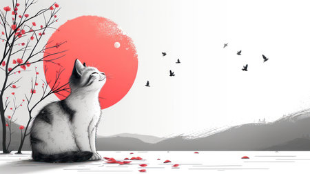 Cat sitting on the floor with cherry blossom and red sun backgroundの素材