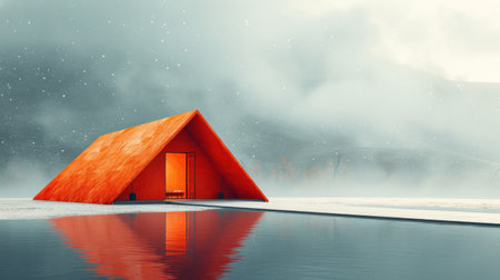 3d rendering of red house in the misty landscape with lakeの素材